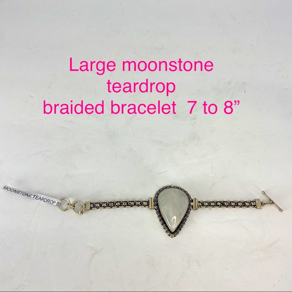 Huge moonstone teardrop braided bracelet  7 to 8” set in sterling silver…